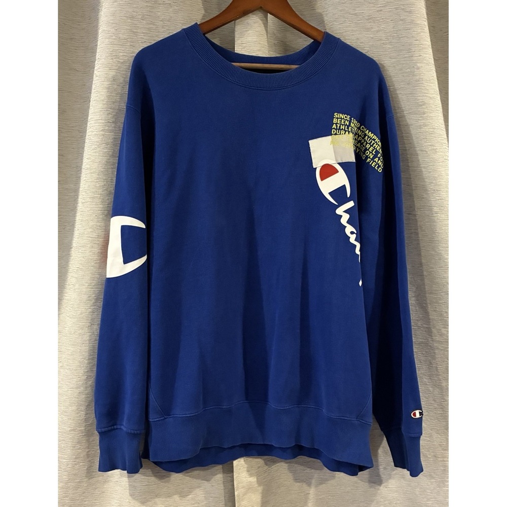 Champion Sweatshirt Mens 2XL Blue Crewneck Spellout Script Logo Fleece Retroβ